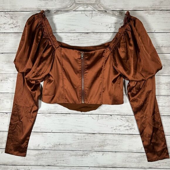 Papermoon Buckle Puff Sleeve Satin Copper Corset Cropped Top M NWT $43 - Picture 9 of 9